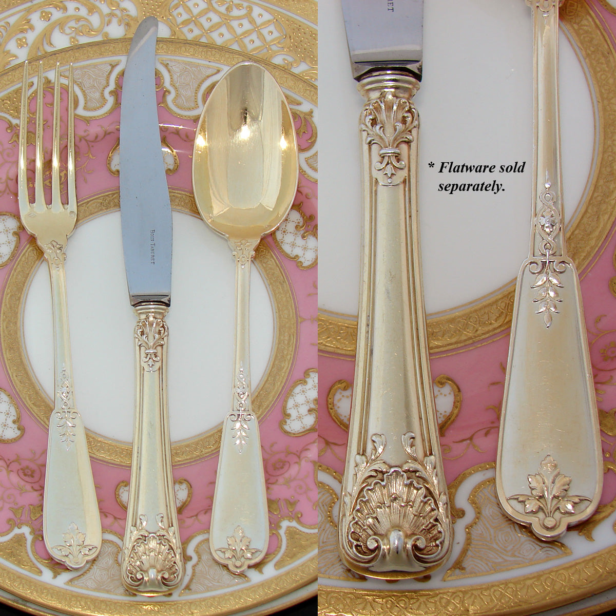 Antique French 18k Gold on Sterling Silver Vermeil 18pc Dessert Knife Set, Seashells