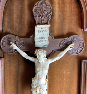 RARE c.1700s Dieppe H Carved Ivory Christ on Crucifix, Frame dates c.1855