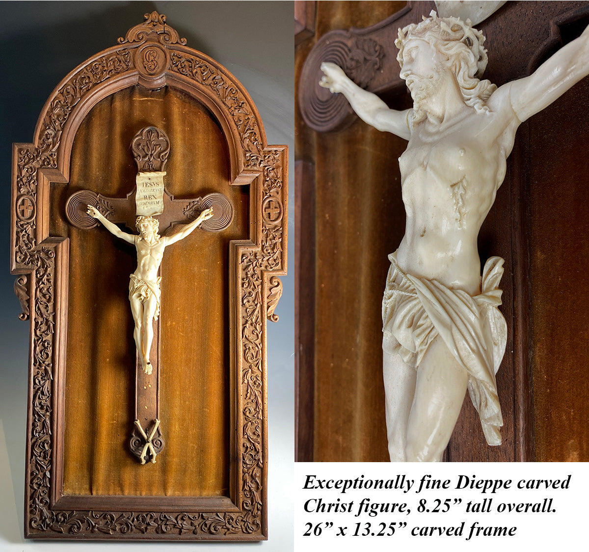 RARE c.1700s Dieppe H Carved Ivory Christ on Crucifix, Frame dates c.1855