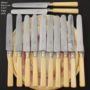 Elegant Antique French 48pc Table Knife Set, 3pc Setting for Twelve +, Carved Ivory & Sterling Handles