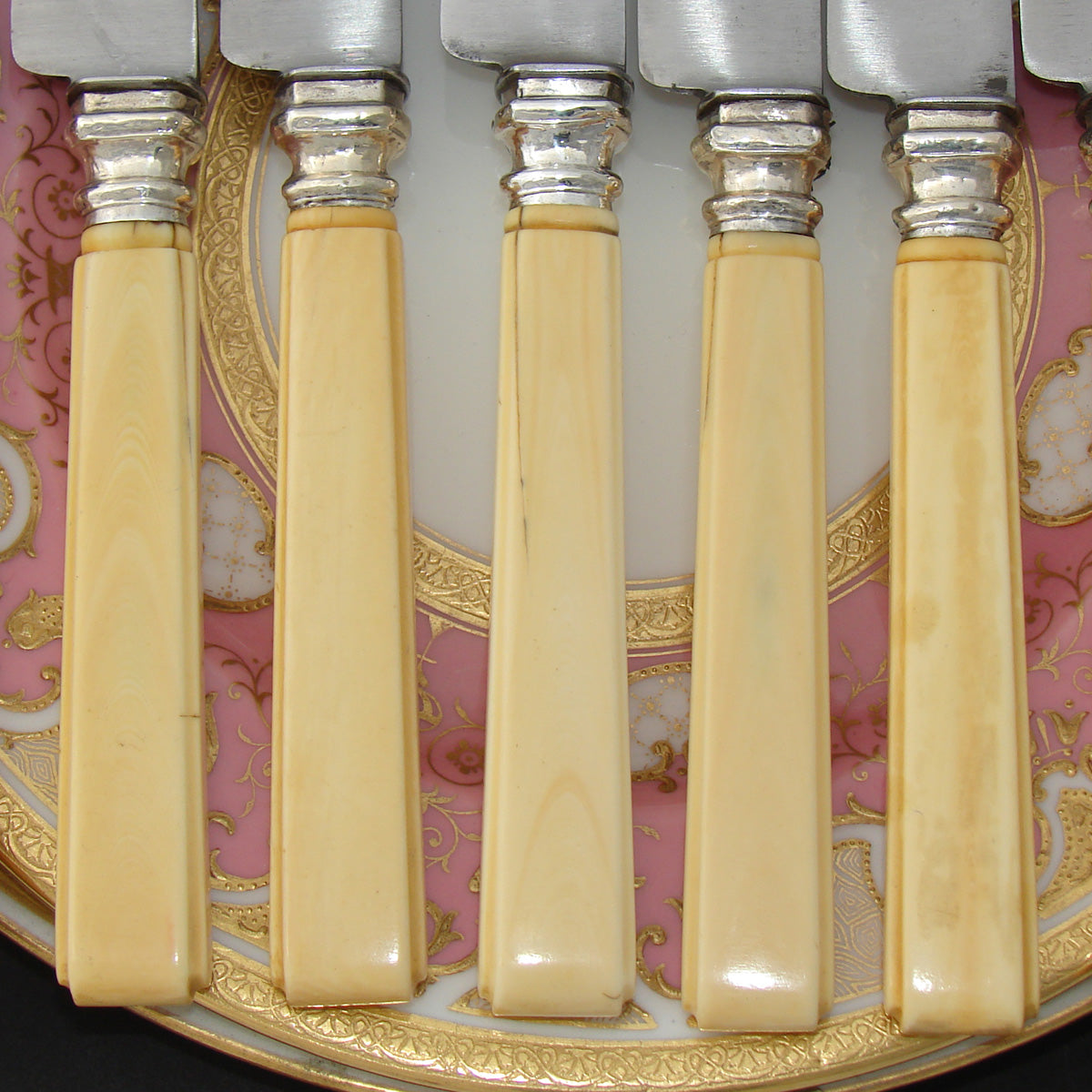 Elegant Antique French 48pc Table Knife Set, 3pc Setting for Twelve +, Carved Ivory & Sterling Handles