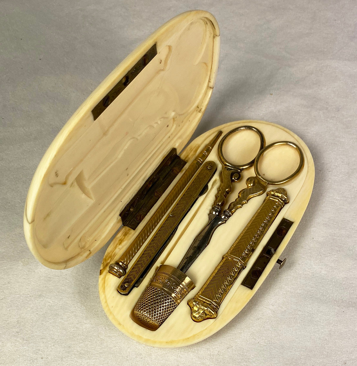 Antique French Sewing Etui, Ivory Case, .800/1000 Silver 18k Gold Vermeil Tools +