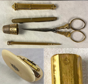 Antique French Sewing Etui, Ivory Case, .800/1000 Silver 18k Gold Vermeil Tools +