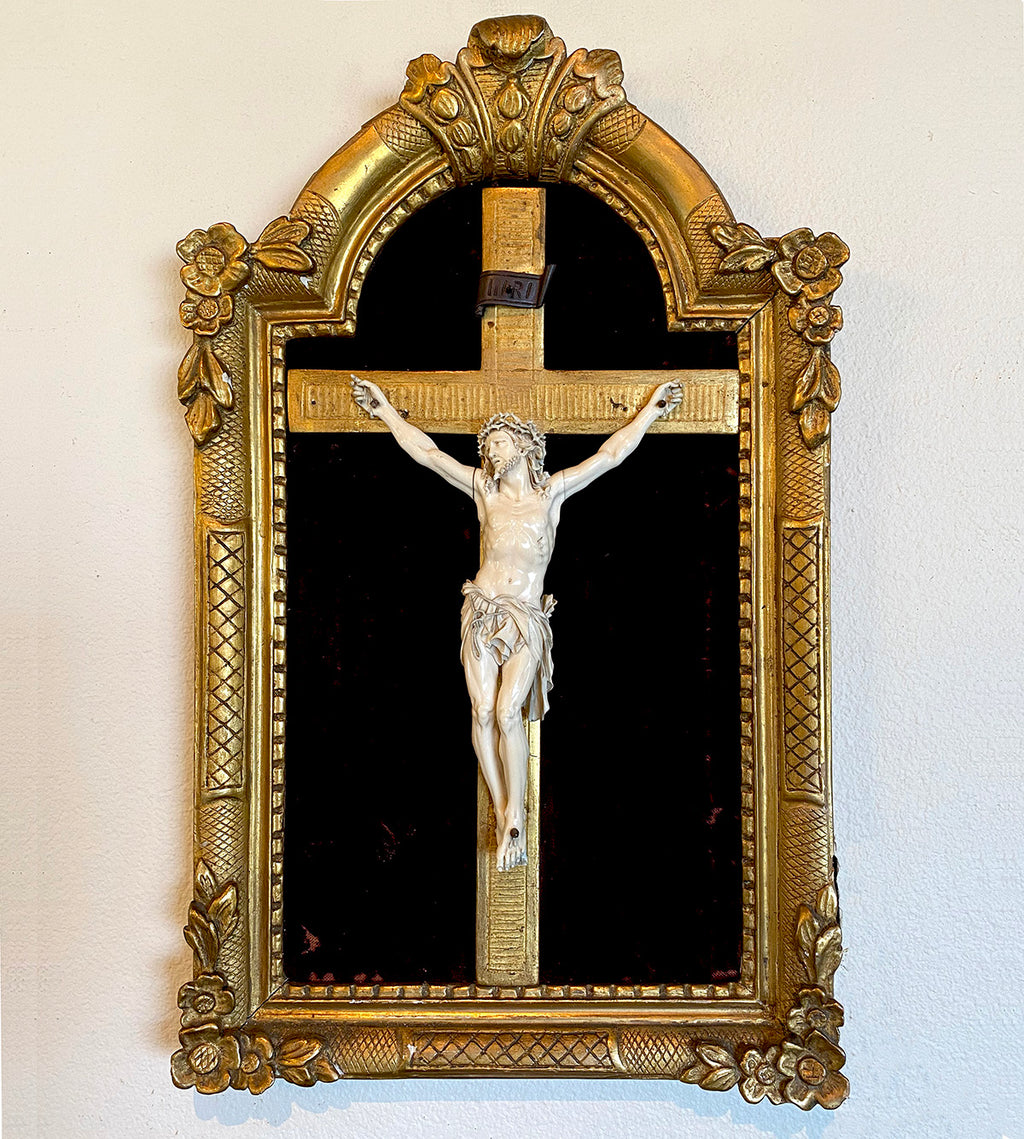 RARE! Fine 8.5" Hand Carved Ivory Christ on Crucifix, Original 19" x 12" Frame, c.1750-80s, Dieppe