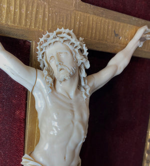 RARE! Fine 8.5" Hand Carved Ivory Christ on Crucifix, Original 19" x 12" Frame, c.1750-80s, Dieppe