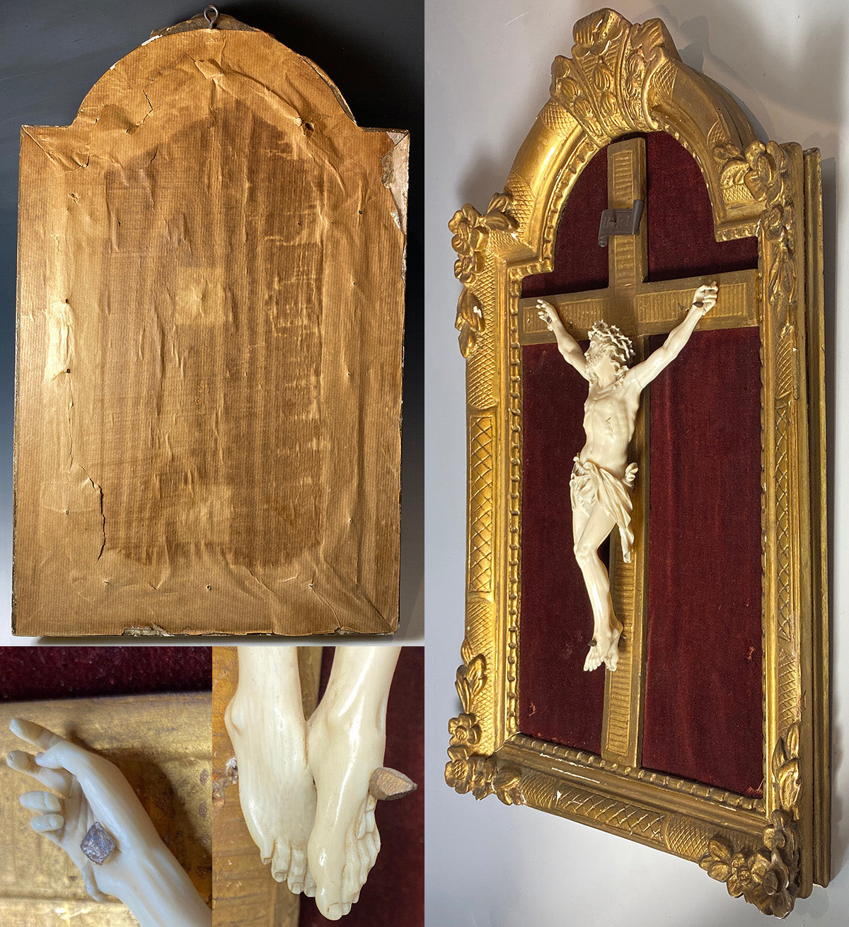 RARE! Fine 8.5" Hand Carved Ivory Christ on Crucifix, Original 19" x 12" Frame, c.1750-80s, Dieppe