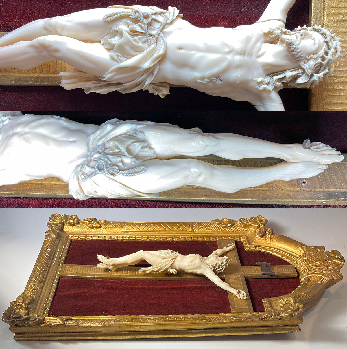 RARE! Fine 8.5" Hand Carved Ivory Christ on Crucifix, Original 19" x 12" Frame, c.1750-80s, Dieppe