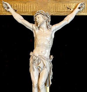 RARE! Fine 8.5" Hand Carved Ivory Christ on Crucifix, Original 19" x 12" Frame, c.1750-80s, Dieppe