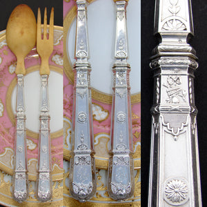 Antique French Sterling Silver 11" Salad Serving Pair, Empire Musical Instrument Pattern