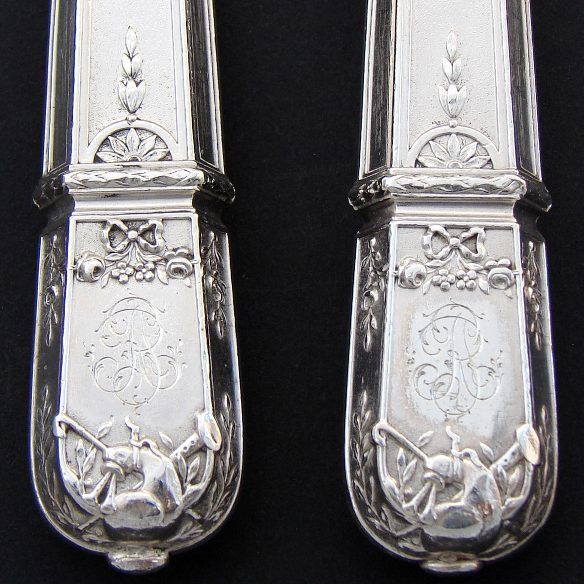 Antique French Sterling Silver 11" Salad Serving Pair, Empire Musical Instrument Pattern