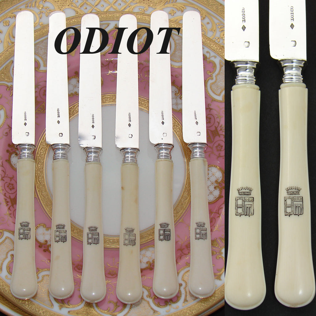 Antique French ODIOT Sterling Silver & Carved Ivory 6pc Knife Set, Armorial Crown