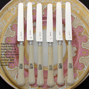 Antique French ODIOT Sterling Silver & Carved Ivory 6pc Knife Set, Armorial Crown