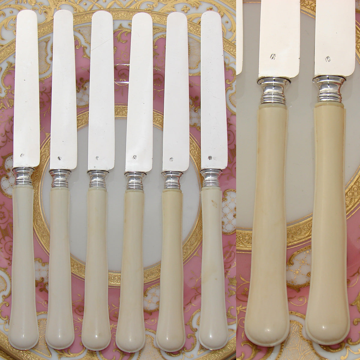 Antique French ODIOT Sterling Silver & Carved Ivory 6pc Knife Set, Armorial Crown