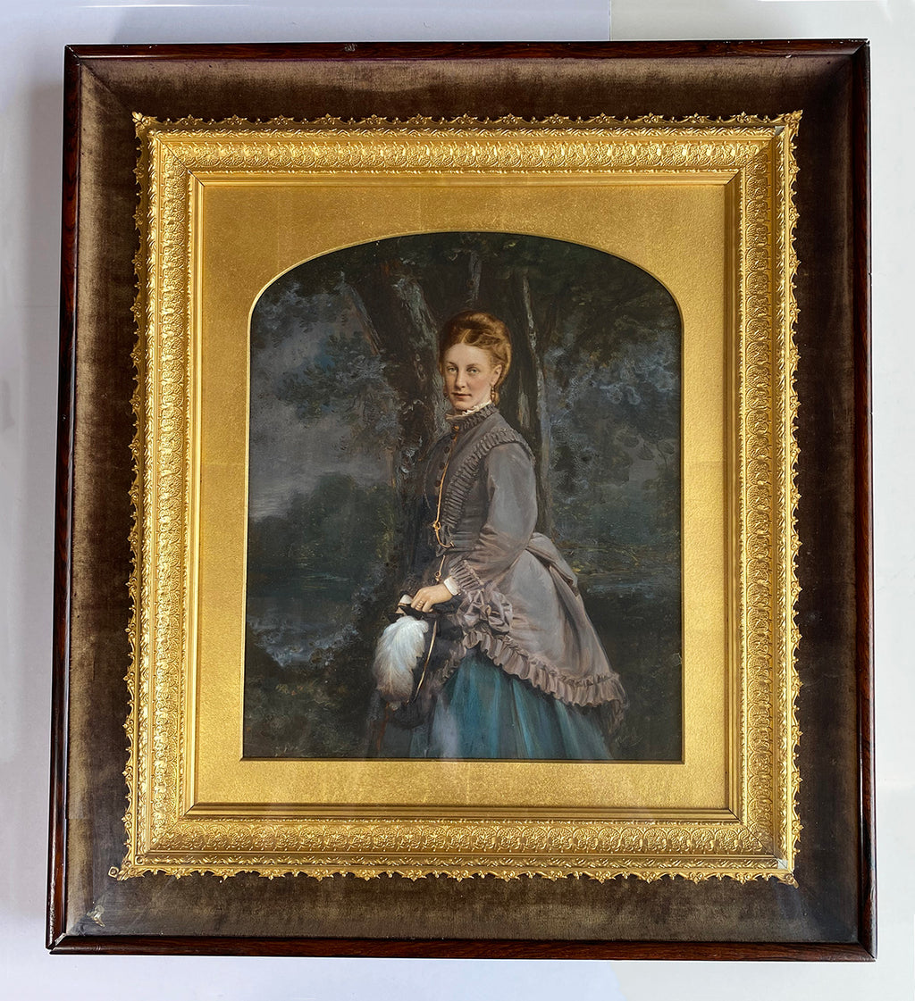 Antique French Portrait Watercolor, c.1880s, in Shadow Box Frame, Clothing and Jewelry