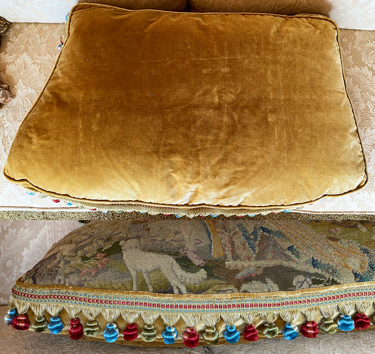 HUGE Bolster Pillow, Antique French Tapestry Petitpoint and Needlepoint, Silk and Wool, Cushion, Figural and Dogs