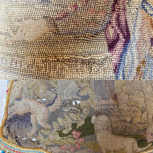 HUGE Bolster Pillow, Antique French Tapestry Petitpoint and Needlepoint, Silk and Wool, Cushion, Figural and Dogs