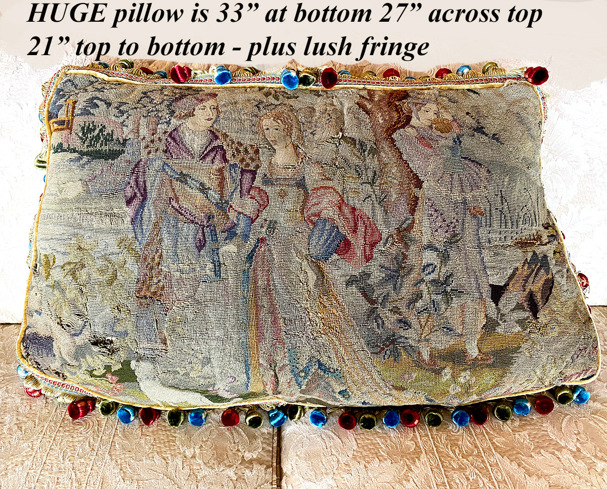 HUGE Bolster Pillow, Antique French Tapestry Petitpoint and Needlepoint, Silk and Wool, Cushion, Figural and Dogs