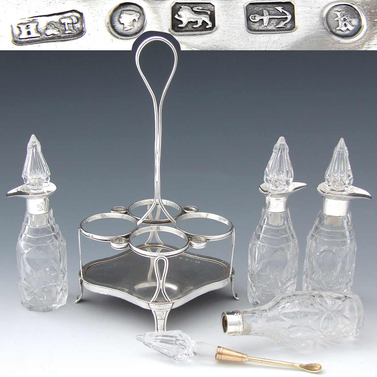 Fab Antique Victorian English Sterling Silver Cruet Set, Stand, Cut Crystal or Glass, Dog or Whippet