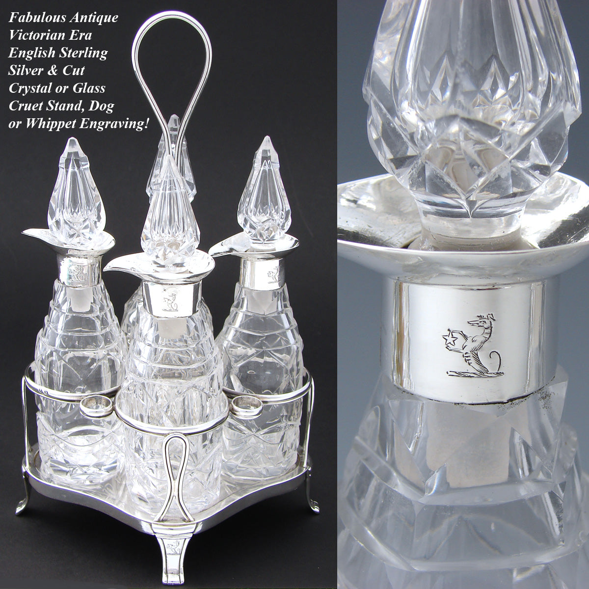 Fab Antique Victorian English Sterling Silver Cruet Set, Stand, Cut Crystal or Glass, Dog or Whippet