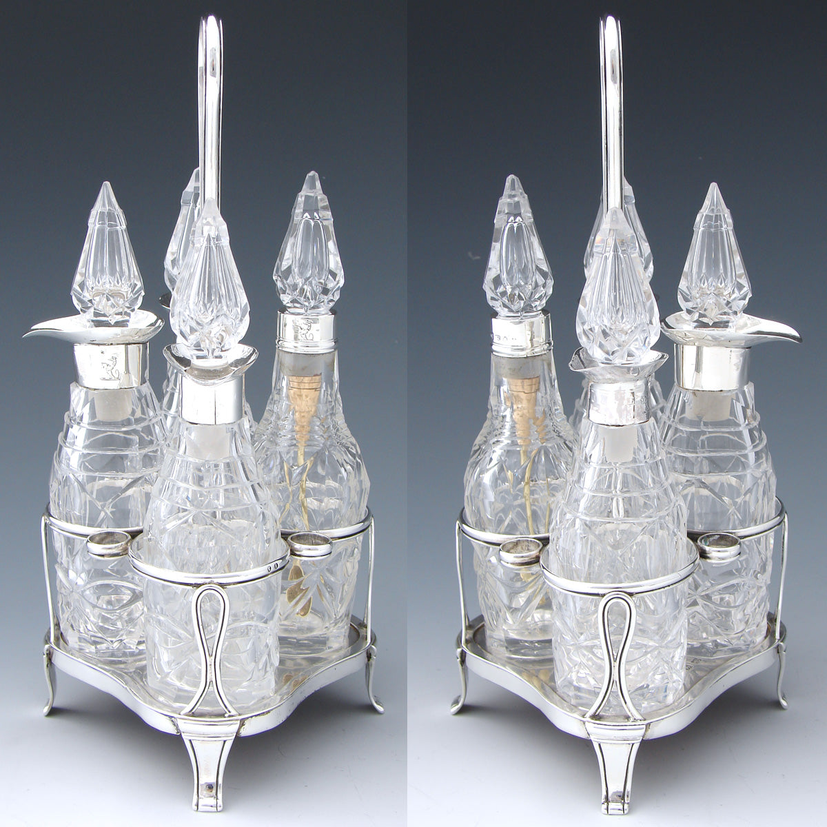 Fab Antique Victorian English Sterling Silver Cruet Set, Stand, Cut Crystal or Glass, Dog or Whippet