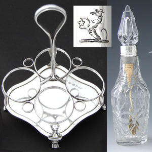 Fab Antique Victorian English Sterling Silver Cruet Set, Stand, Cut Crystal or Glass, Dog or Whippet