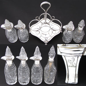 Fab Antique Victorian English Sterling Silver Cruet Set, Stand, Cut Crystal or Glass, Dog or Whippet