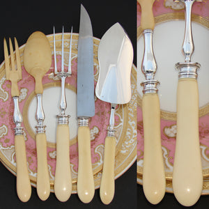 Antique French Sterling Silver 5pc Serving Implement Set: Meat, Salad & Fish Service, Pelle or Truelle a' Poisson
