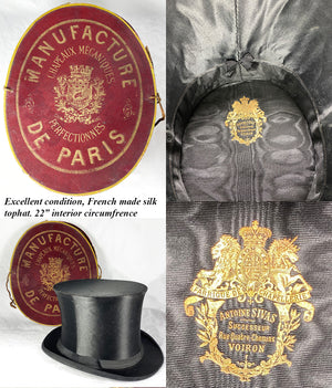 Antique French Silk Top Hat in Original Travel Case, Quite Excellent Folding Style, c.1850s