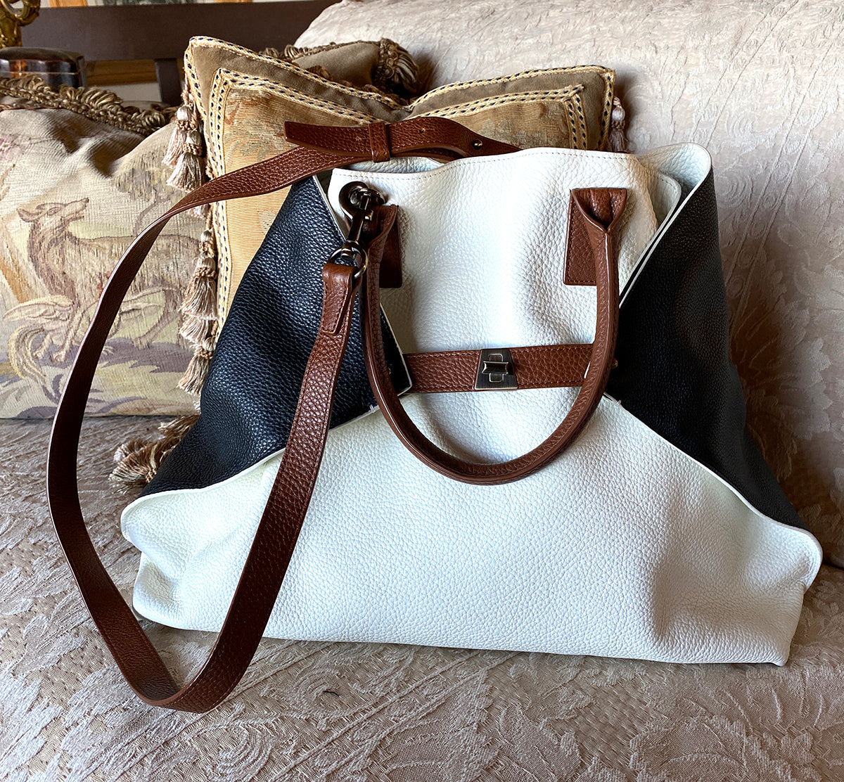 $2295 new AKRIS AI tote, Trim-color Pebble Calfskin, EC Black, Brown, White Trapezoid