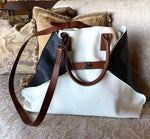 $2295 new AKRIS AI tote, Trim-color Pebble Calfskin, EC Black, Brown, White Trapezoid