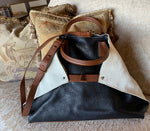 $2295 new AKRIS AI tote, Trim-color Pebble Calfskin, EC Black, Brown, White Trapezoid