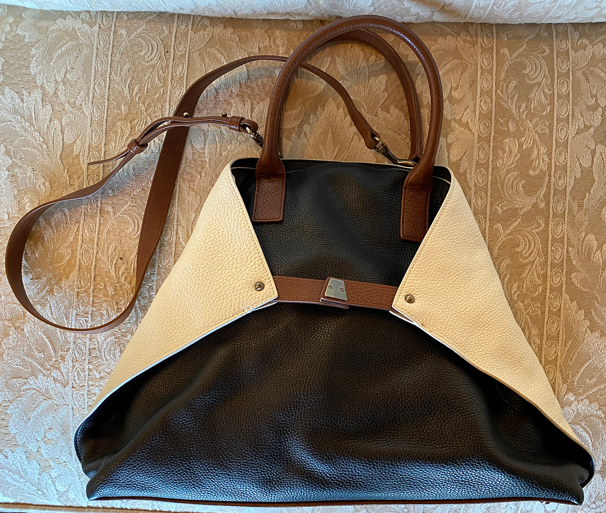 $2295 new AKRIS AI tote, Trim-color Pebble Calfskin, EC Black, Brown, White Trapezoid