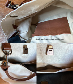 $2295 new AKRIS AI tote, Trim-color Pebble Calfskin, EC Black, Brown, White Trapezoid