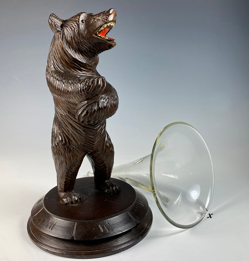 Antique 7.25" Tall Swiss Black Forest Bear with Glass Epergne, Vase Insert, Grand Tour