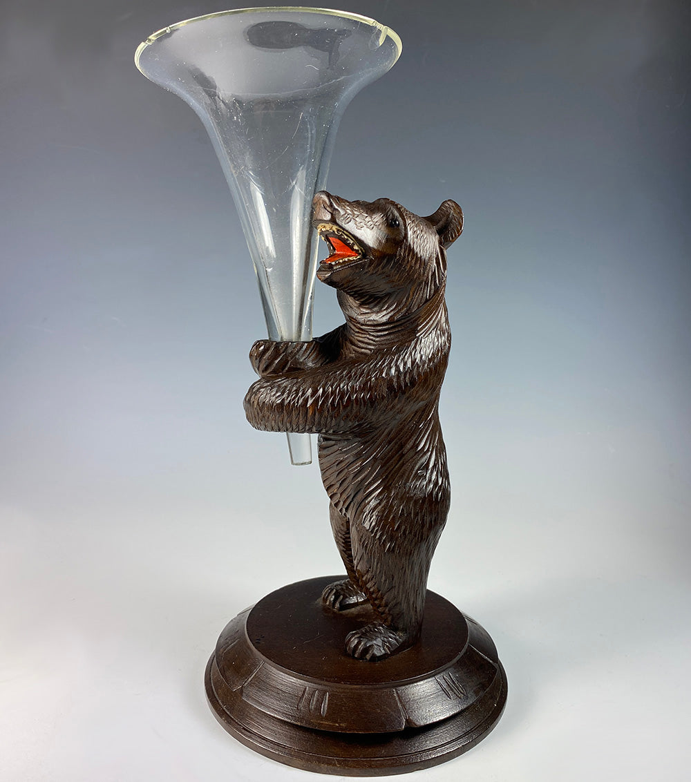 Antique 7.25" Tall Swiss Black Forest Bear with Glass Epergne, Vase Insert, Grand Tour