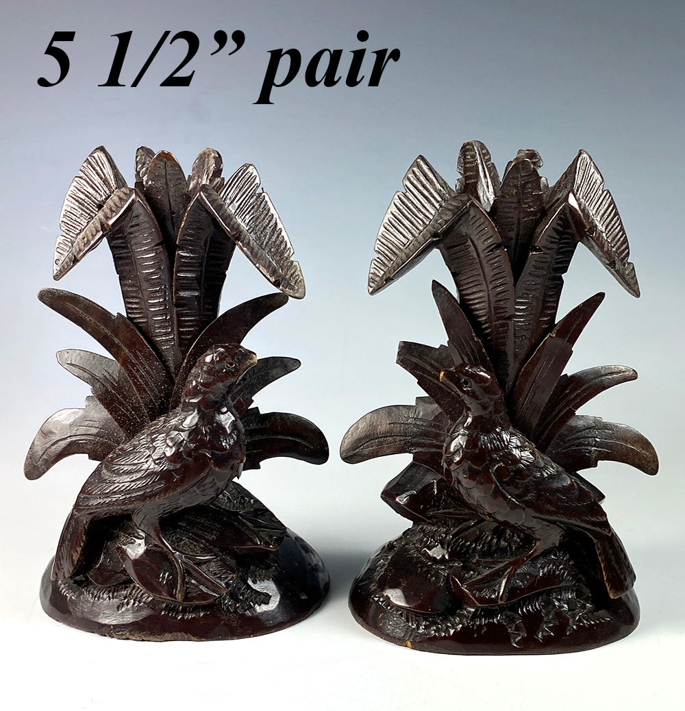 Pair Petit Antique Swiss Black Forest Carved Epergne, Candle Stands, Birds 5.5" Tall