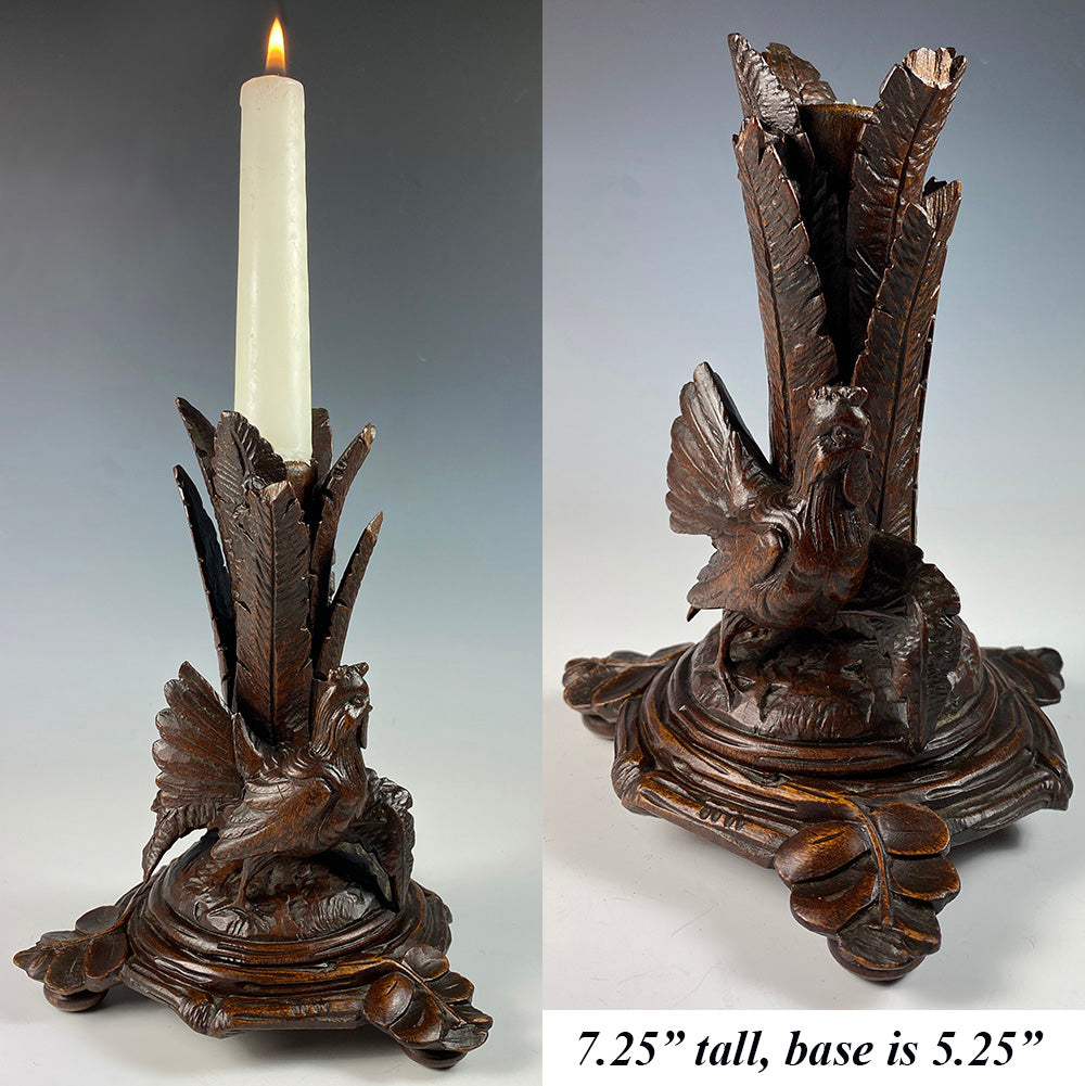 Antique HC Swiss Black Forest Candle Holder, Candlestick, Carved Rooster or Hen