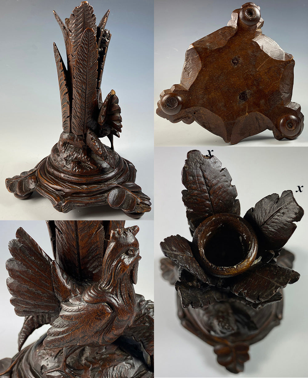 Antique HC Swiss Black Forest Candle Holder, Candlestick, Carved Rooster or Hen