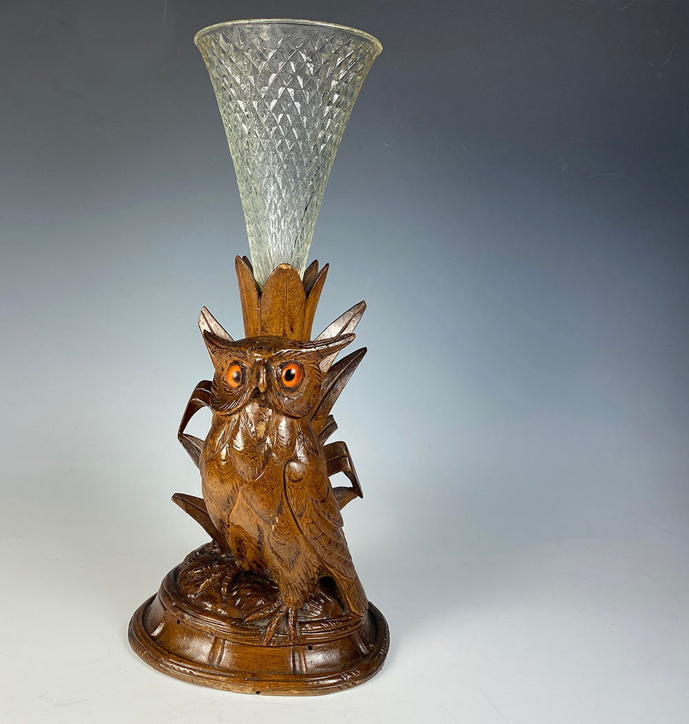 Antique Hand Carved Swiss Black Forest Owl Epergne or Vase Stand, Glass Eyes
