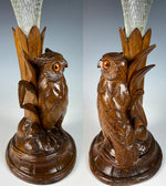 Antique Hand Carved Swiss Black Forest Owl Epergne or Vase Stand, Glass Eyes