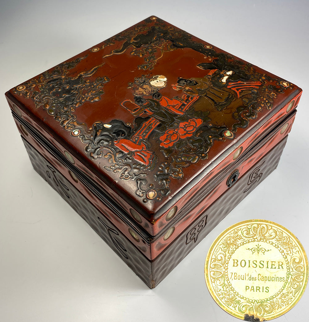 Antique French Chocolatier's Box, Boissier, PARIS, Napoleon III Chinoiserie 6.75" Square