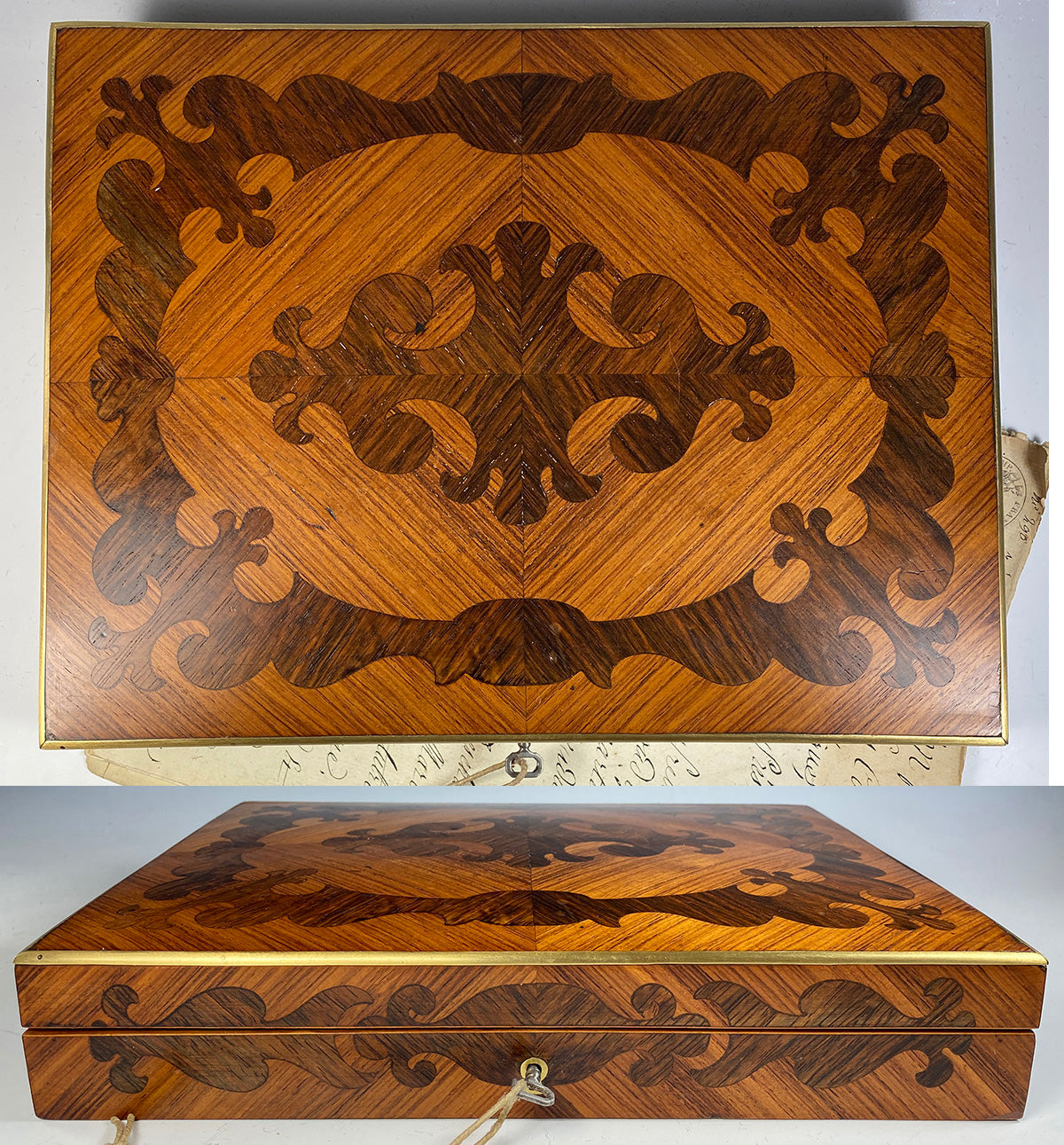 Superb Antique French Table Box, 12" x 8+", Kingwood Marquetry, Lock and Key