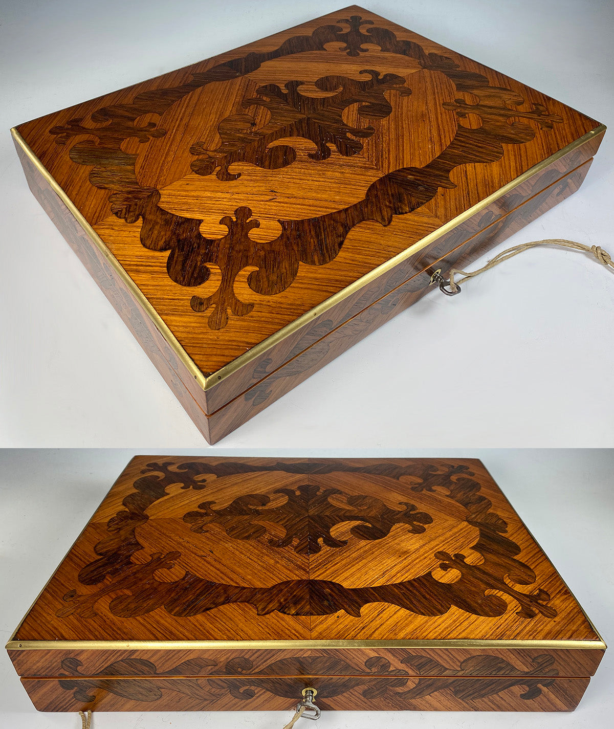 Superb Antique French Table Box, 12" x 8+", Kingwood Marquetry, Lock and Key