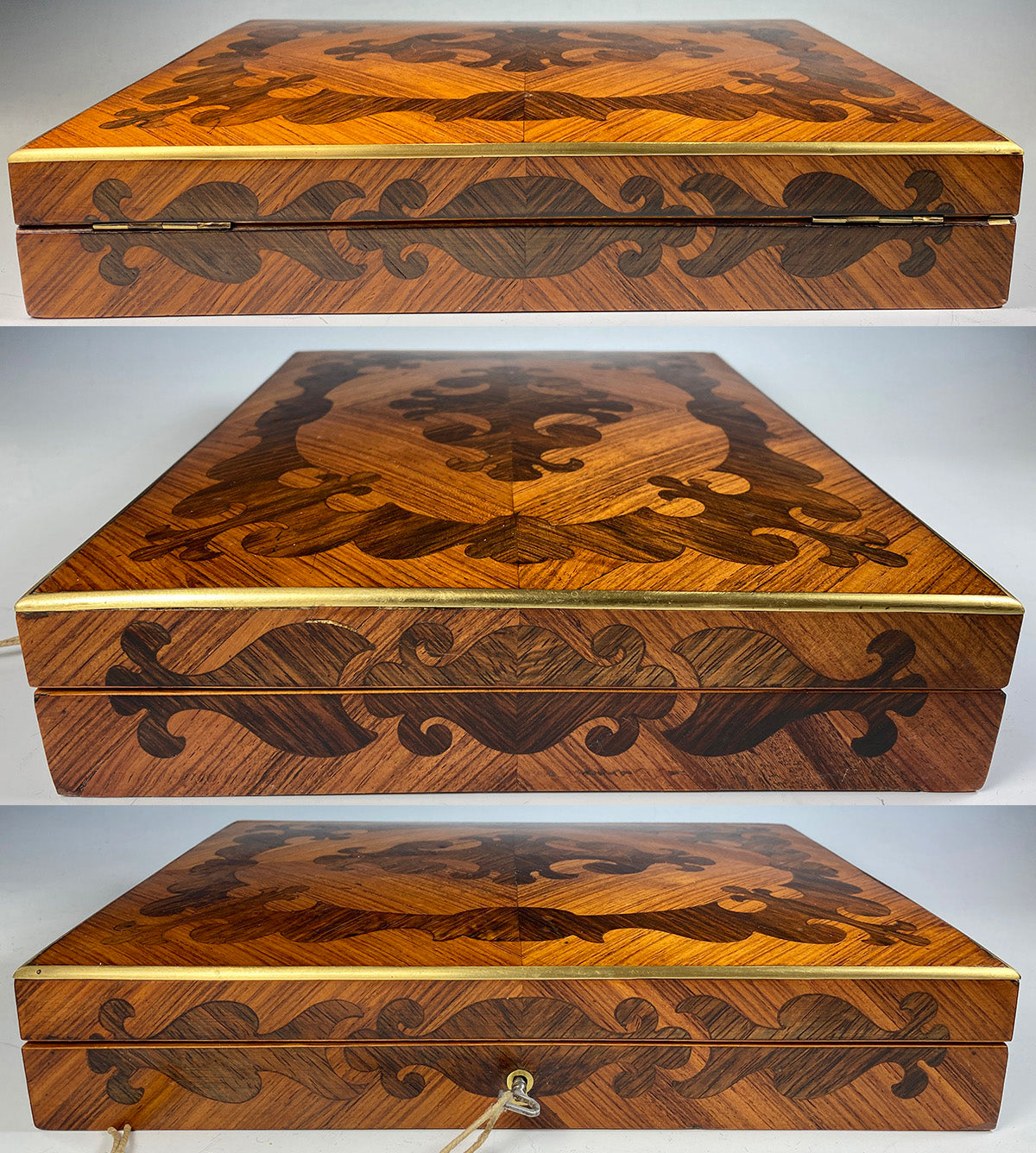 Superb Antique French Table Box, 12" x 8+", Kingwood Marquetry, Lock and Key