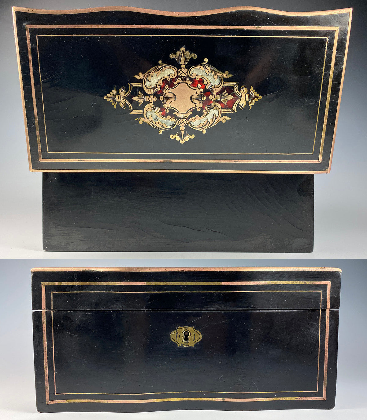 Antique French Napoleon III Era (Victorian) Double Tea Caddy, Boulle and Stringing, EC