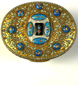 Antique French Grand Tour Souvenir Jewelry Box, 13 Bresse Kiln-fired Enamel Cabochons