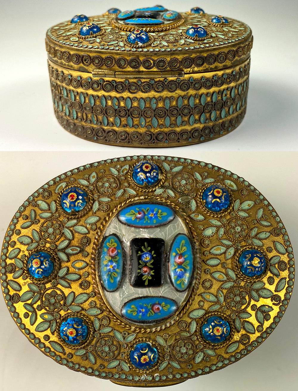 Antique French Grand Tour Souvenir Jewelry Box, 13 Bresse Kiln-fired Enamel Cabochons