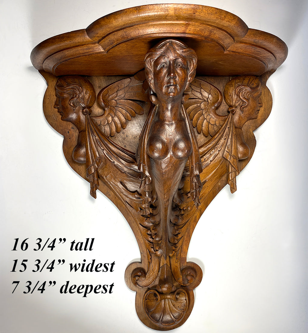 Antique Hand Carved 16 3/4" Tall 15 3/4" Wide Bracket or Clock Shelf, Chimera, Caryatids