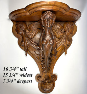 Antique Hand Carved 16 3/4" Tall 15 3/4" Wide Bracket or Clock Shelf, Chimera, Caryatids