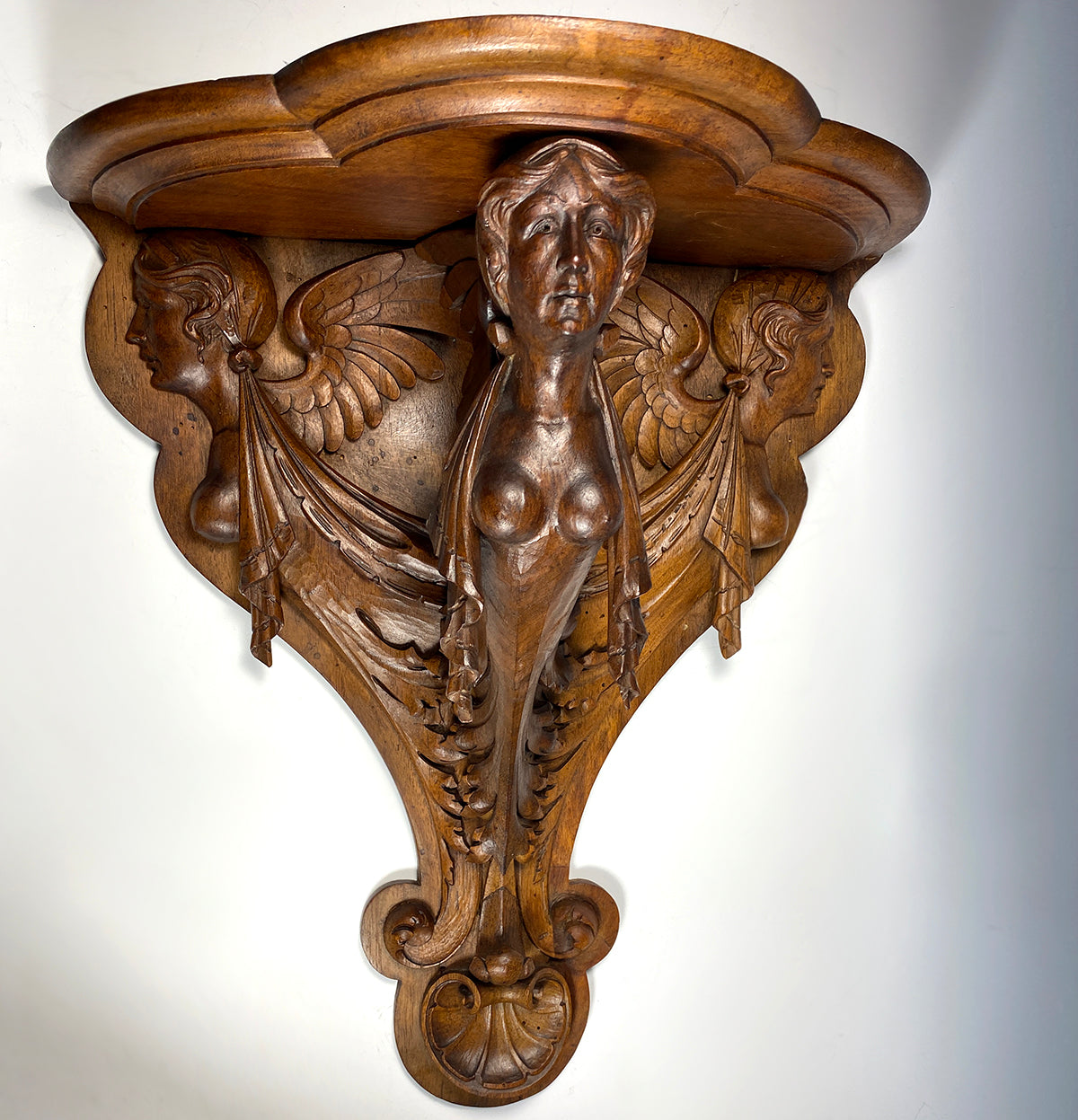 Antique Hand Carved 16 3/4" Tall 15 3/4" Wide Bracket or Clock Shelf, Chimera, Caryatids